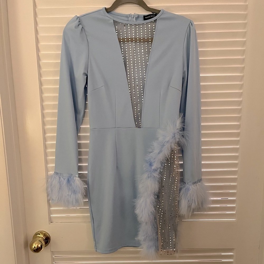 Light blue feather mini dress